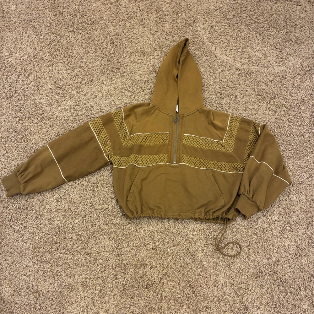 FP Free People Movement Oversized Crop Brown Hoodie with Contrast Stitching